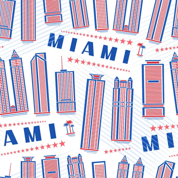 迈阿密无缝图案 平方重复背景图 白色背景下的红色著名迈阿密城市风景包装纸 装饰线条艺术城市海报 蓝色文字迈阿密 — 图库矢量图片