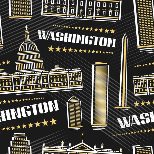 Vector Washington Seamless Pattern, repeating background with illustration of famous washington city scape on dark background for bed linen, decorative line art urban poster with white text washington