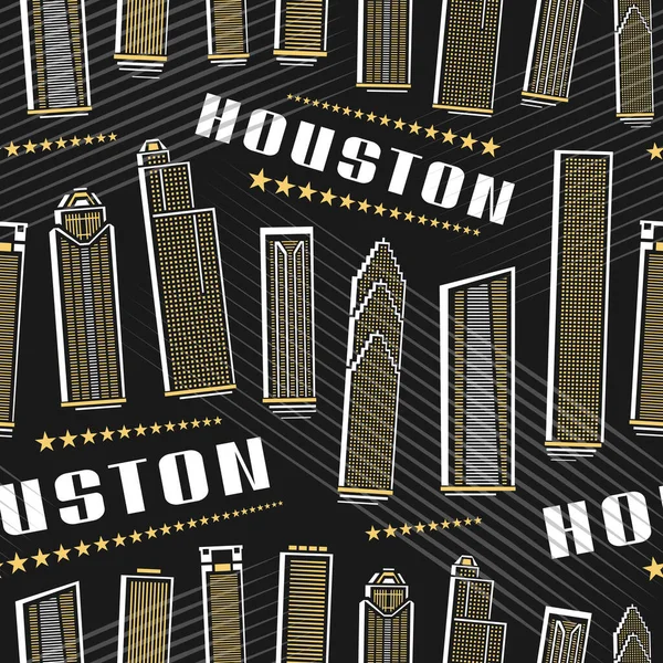 Vector Houston Seamless Pattern, square repeat background with illustration of famous houston city scape on dark background for wrapping paper, decorative line art urban poster with white text houston