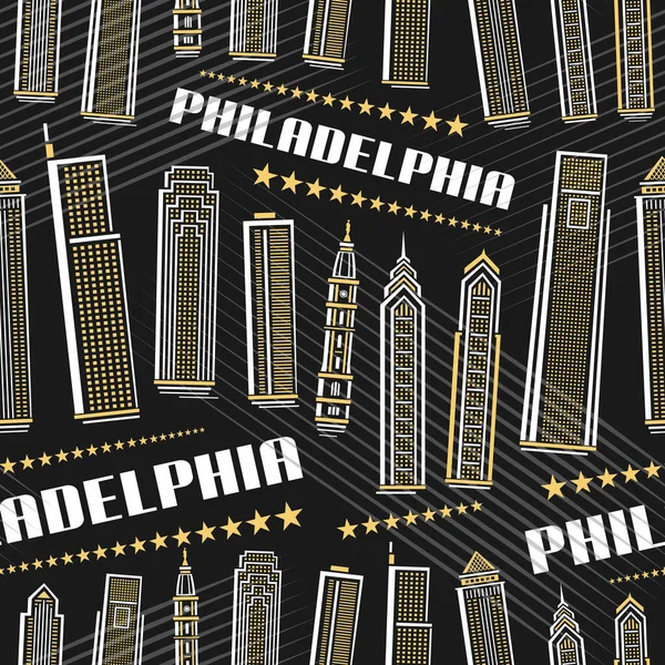 Vector Philadelphia Seamless Pattern, repeat background with illustration of famous philadelphia city scape on dark background for wrapping paper, line art urban placard with white text philadelphia