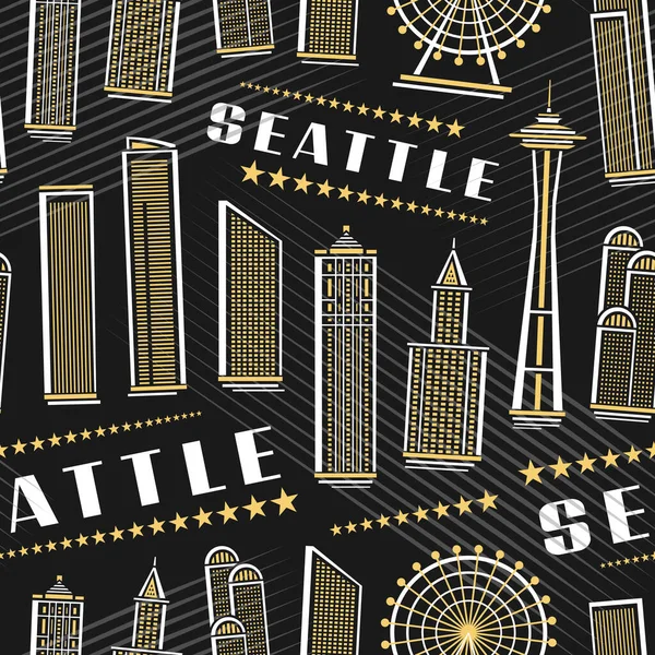 Vector Seattle Seamless Pattern, square repeat background with illustration of famous seattle city scape on dark background for wrapping paper, decorative line art urban poster with white text seattle