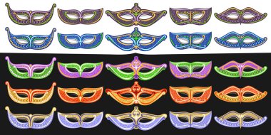 Vector Carnival Mask Set, decorative banner with collection of cut out illustration carnival masks with confetti, colorful venetian costume for caribbean summer carnival on black and white background
