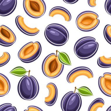 Vector Plum Seamless Pattern, square repeating background with cut out illustrations of ripe chopped plums with green leaves for wrapping paper, group of flat lay purple plum fruits for home interior