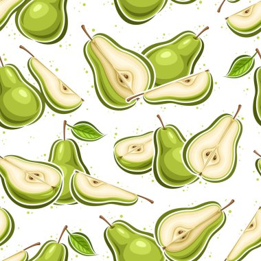 Vector Pear Seamless Pattern, square repeat background with illustration of pear still life composition with green leaves for wrapping paper and group of flat lay juicy pear fruits on white background