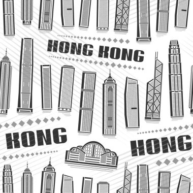 Vector Hong Kong Seamless Pattern, repeating background with illustration of famous asian city scape on white background for wrapping paper, monochrome line art urban poster with black text hong kong