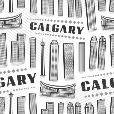 Vektör Calgary Kusursuz Desen, beyaz arkaplan üzerinde ünlü calgary şehir manzarası resimleme ile yinelenen siyah metin calgary ile monokrom çizgi sanat kentsel poster