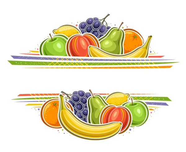広告テキストのための空白のコピースペース 甘いバナナ全体のイラストの装飾券 熟した桃の果物 緑のジューシーなリンゴ 白い背景に様々な果物のグループと果物のベクトル境界 — ストックベクタ