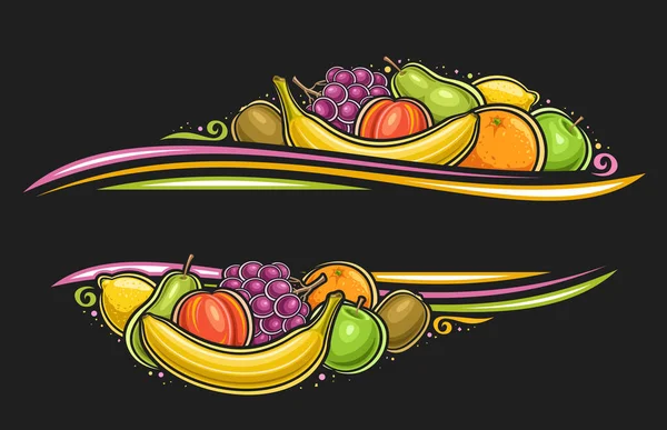 広告テキストのための空白のコピースペース 甘いバナナ全体のイラストの装飾的なレイアウト 熟したキウイフルーツと緑のジューシーなリンゴ 暗い背景に様々な果物のグループと果物のベクトル境界 — ストックベクタ