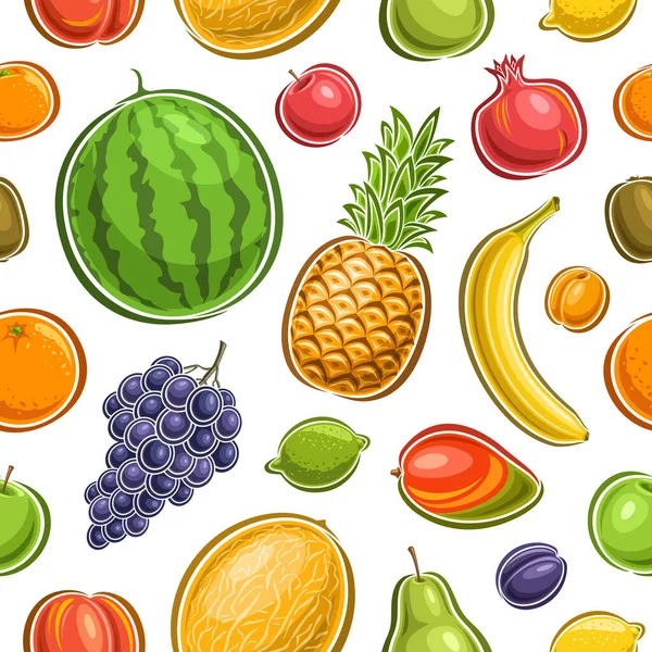 ベクトルフルーツシームレスパターン 包装紙のための熟した異なる果物のイラストをカットした正方形の繰り返しの背景 家のインテリアやベッドリネンのためのフラットレイ健康的な果物のグループ — ストックベクタ