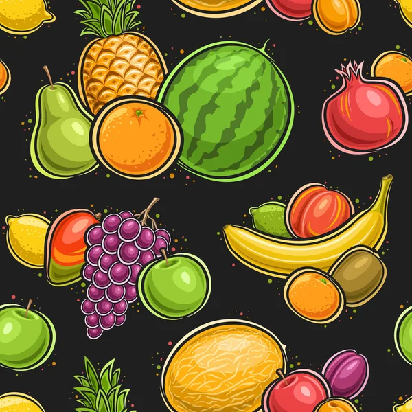ベクトルフルーツシームレスパターン 包装紙やベッドリネンのための様々な果物組成のイラストと正方形の繰り返しの背景 家のインテリアのための果物全体のグループと装飾ポスター — ストックベクタ