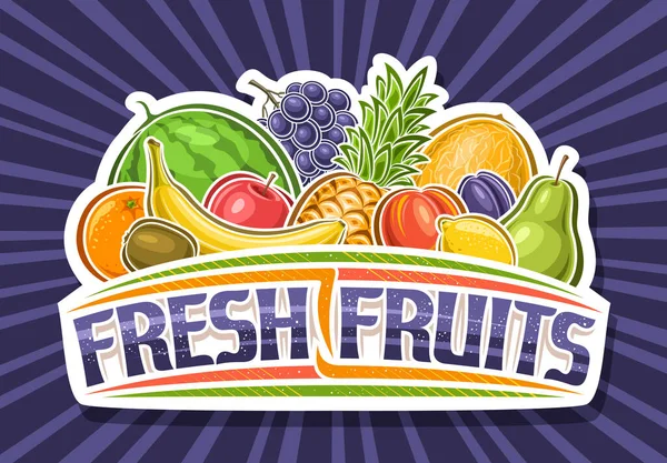 Vector Logo Fresh Fruits Decorative Cut Paper Sign Board Illustration — Stock Vector