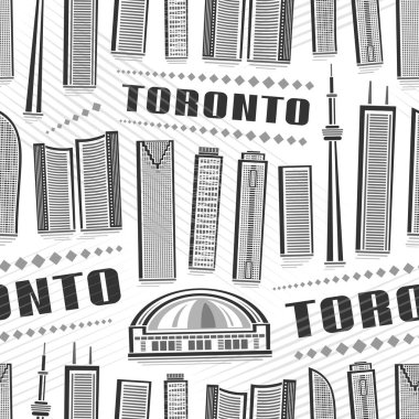 Vektör Toronto Kusursuz Desen, beyaz arkaplan üzerindeki ünlü Toronto şehir manzarasının resmedilmesi ile arka planda siyah metin torontolu monokrom çizgisi sanat kentsel posteri