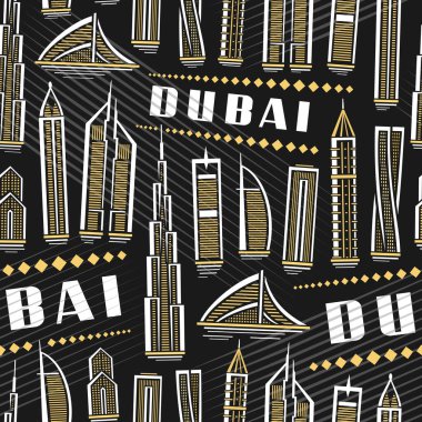 Vektör Dubai Kusursuz Desen, kare yinelenen arka plan. Dubai şehrinin karanlık arka planında beyaz metin Dubai ile dekoratif çizgili şehir posteri.