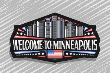 Minneapolis için vektör logosu, Minneapolis 'e hoş geldiniz diyen sanat tasarımı buzdolabı mıknatısı, alacakaranlık arka planında ünlü minneapolis şehir manzarasının çizgi resimli siyah dekoratif etiketi.