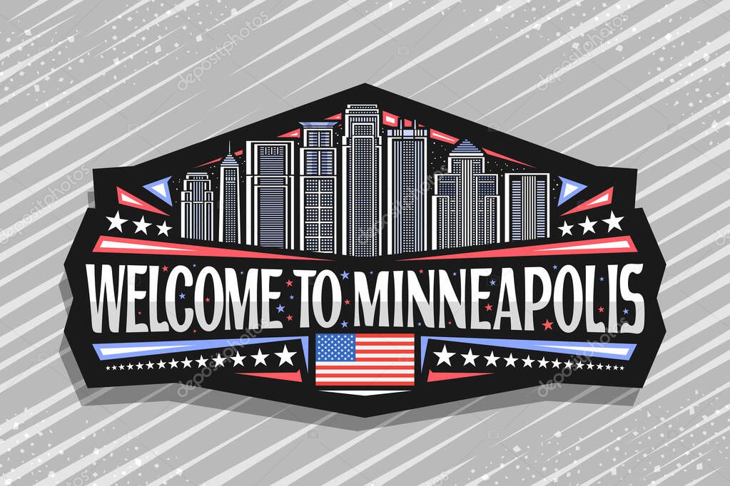 Vector logo for Minneapolis, black decorative label with line illustration of famous minneapolis city scape on dusk sky background, art design refrigerator magnet with words welcome to minneapolis