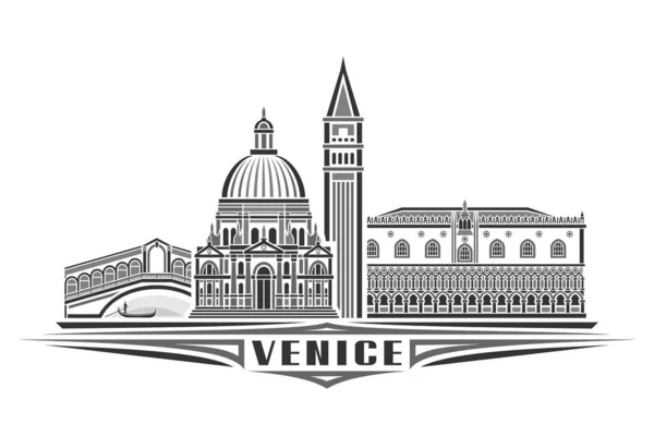 ヴェネツィアのベクトル図 線形デザインのヴェネツィアの街の風景とモノクロ水平カード 白を背景に黒のテキストヴェネツィアのための装飾的なレタリングとヨーロッパの歴史的なラインアートコンセプト — ストックベクタ