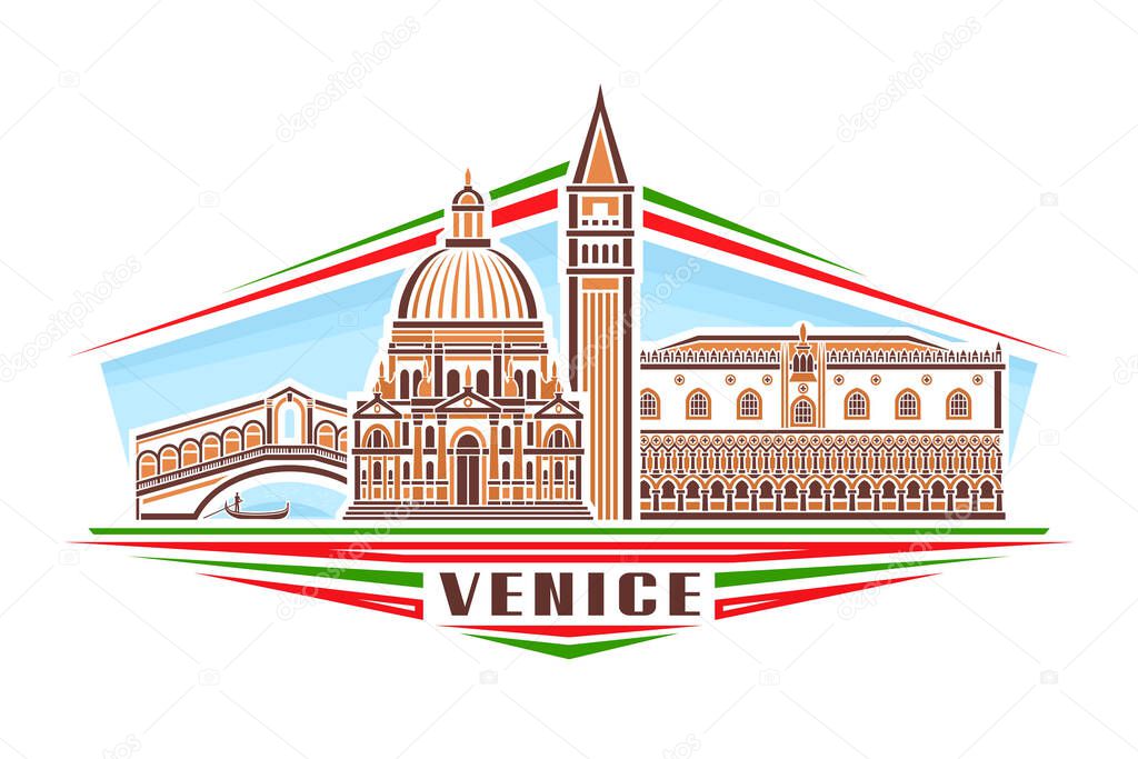 Vector illustration of Venice, horizontal badge with simple linear design famous venice city scape on day sky background, european historical line art concept with decorative lettering for text venice
