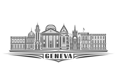 Cenevre 'nin vektör illüstrasyonu, doğrusal tasarım Cenevre şehir manzaralı tek renkli yatay kart, beyaz arkaplanda Cenevre için dekoratif harflerle Avrupa tarihi çizgi sanat kavramı