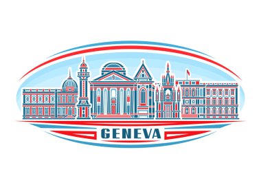 Cenevre 'nin vektör illüstrasyonu, doğrusal tasarımı olan yatay işaret gökyüzü arka planında ünlü tarihi Cenevre manzarası, mavi metin Cenevre için dekoratif harflerle Avrupa kentsel çizgi sanat kavramı