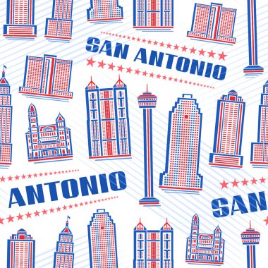 Vektör San Antonio Kusursuz Desen, beyaz kaplama kağıdı için kırmızı ünlü şehir manzarası resimleriyle arka planı tekrarlıyor, dekoratif çizgili mavi metin San Antonio 'lu şehir posteri