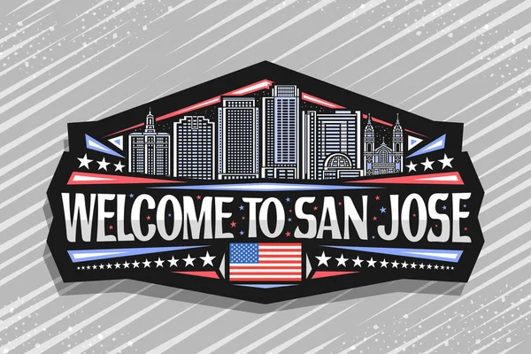 stock vector Vector logo for San Jose, black decorative label with line illustration of contemporary californian city scape on dusk sky background, art design refrigerator magnet with text welcome to san jose