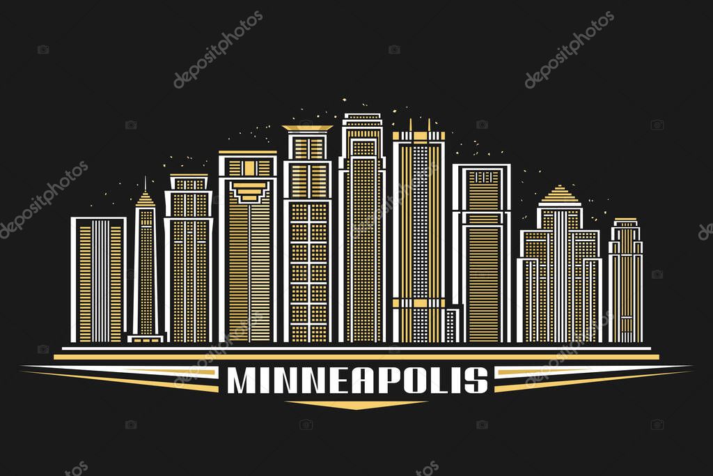 Vector illustration of Minneapolis, dark horizontal poster with linear design minneapolis city scape on dusk sky background, american urban line art concept with decorative letter for text minneapolis