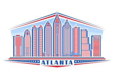 Atlanta 'nın vektör illüstrasyonu, doğrusal tasarımı olan yatay rozet gökyüzü arka planında ünlü Gürcü Atlanta şehri manzarası mavi metin Atlanta için dekoratif harflerle kırmızı şehir çizgisi sanat konsepti