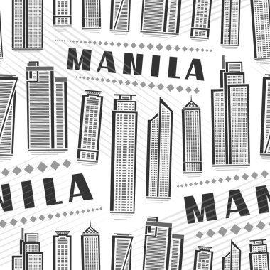 Vektör Manila Kusursuz Desen, beyaz kaplama kağıdı için beyaz arkaplanda ünlü modern Manila şehir manzarasının resimleriyle arka planı tekrarla, tek renkli çizgili şehir posteri siyah manila ile