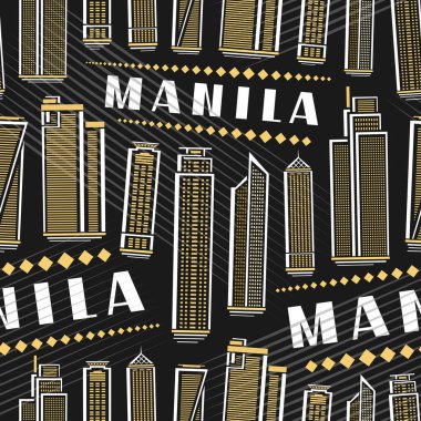 Vektör Manila Kusursuz Desen, beyaz metin manila ile dekoratif çizgi sanat kentsel poster, ambalaj kağıdı için koyu arkaplan üzerinde ünlü Manila şehir manzarası resimleriyle kare yinelenen arkaplan