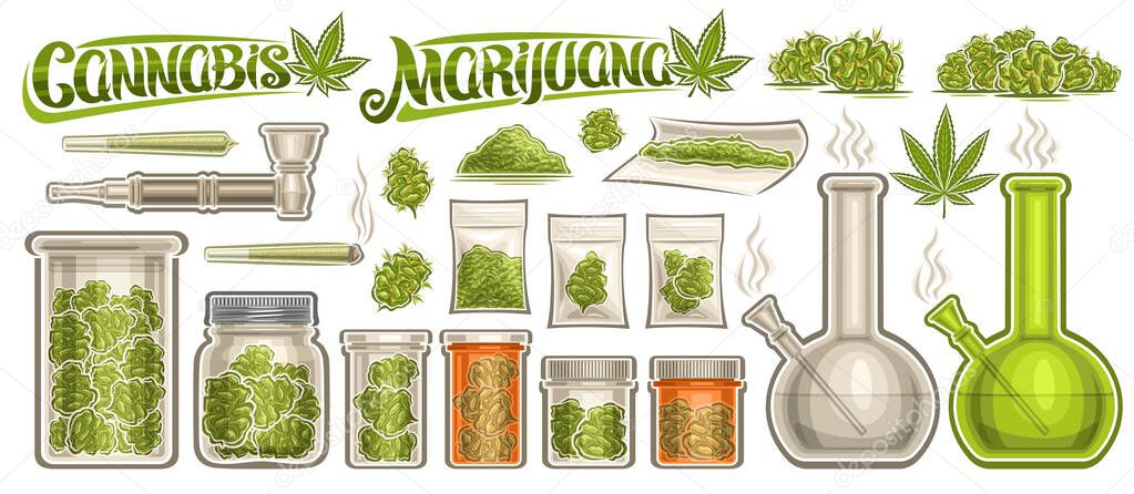 Vector Cannabis Set, lot collection of cut out illustrations glass jars with medicinal recreational cannabis, group of green weed buds in plastic bags, text cannabis and marijuana on white background