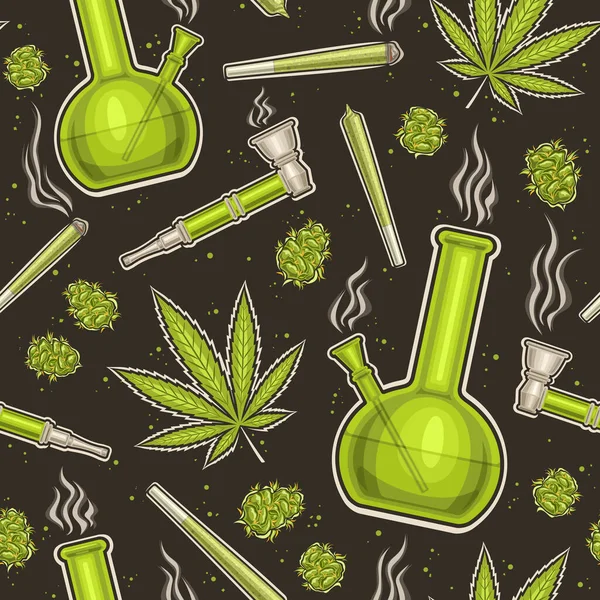 ベクトル大麻シームレスパターン セットフラットレイ薬用大麻の芽のイラストで背景を繰り返します マリファナの葉 雑草紙ロール 包装紙のための水とガラス大麻のフック — ストックベクタ