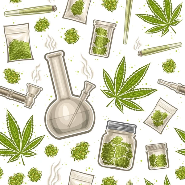 Vector Cannabis Seamless Pattern Repeat Background Illustrations Set Flat Lay — Stock Vector