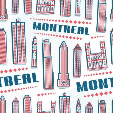 Vektör Montreal Kusursuz Desen, kare yineleme arkaplan beyaz arkaplan üzerinde Montreal şehir manzarası resimlendirmesi ile ambalaj kağıdı, dekoratif çizgi sanat kentsel poster ile metin Montreal