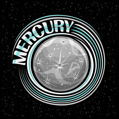 Merkür için vektör logosu, dönen gezegen civalı dekoratif fantezi baskısı, kraterli taş yüzey ve dağlar, koyu yıldızlı arkaplanda yazı cıvası için eşsiz harflere sahip kozmo çıkartması.