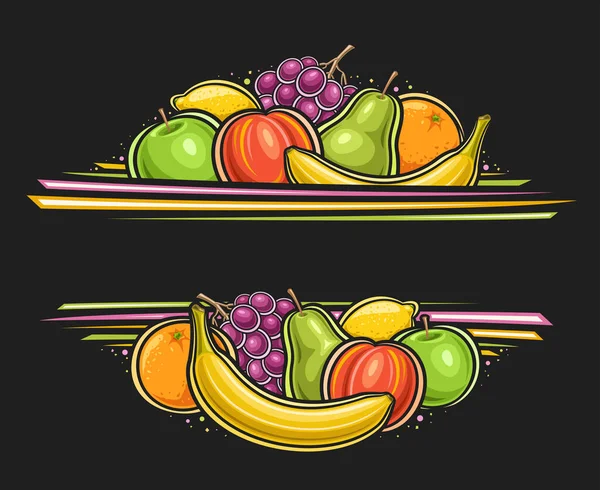 広告テキストのための空のコピースペースを持つ果物のためのベクトル境界 全体の甘いバナナのイラストと装飾的なレイアウト 熟した桃の実 緑のジューシーなリンゴ 暗い背景に様々な果物のグループ — ストックベクタ