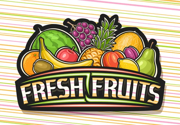 Logo Vettoriale Frutta Fresca Cartello Decorativo Nero Con Illustrazione Gruppo — Vettoriale Stock