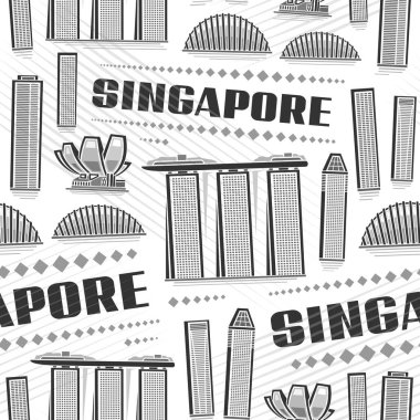 Vector Singapur Kusursuz Desen, beyaz arkaplan üzerinde ünlü Singapur şehir manzarası çizimi ile arka planı tekrarla, siyah metin singapur ile monokrom çizgili şehir posteri