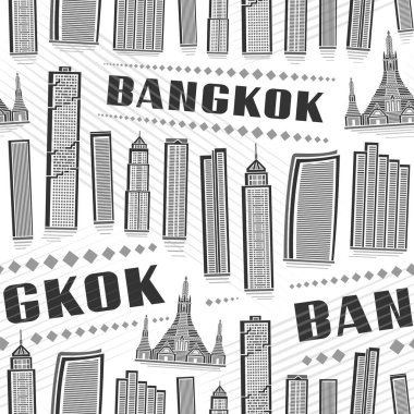 Vector Bangkok Kusursuz Desen, Bangkok şehrinin beyaz arka planda siyah metin bangkok 'lu monokrom çizgili şehir posteri resimleriyle tekrar ediyor.