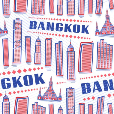 Vektör Bangkok Kusursuz Desen, kare tekrarlayan arka plan beyaz arka planda Bangkok şehir manzarası ambalaj kağıdı, dekoratif çizgi sanat şehir posteri ile metin bangkok
