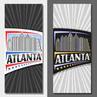 Atlanta için vektör dikey şablonlar, Atlanta kentsel şehir manzarasının çizgili tasarımı gündüz ve alacakaranlık gökyüzü arkaplanı, sanat tasarım turist kartı Atlanta kelimesinin eşsiz harfleri.