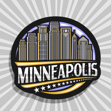 Minneapolis için vektör logosu, modern minneapolis şehir manzarasının resmedildiği alacakaranlık gökyüzü arkaplanındaki siyah dekoratif etiket, metin minneapolis için eşsiz harflerle sanat tasarımı buzdolabı mıknatısı