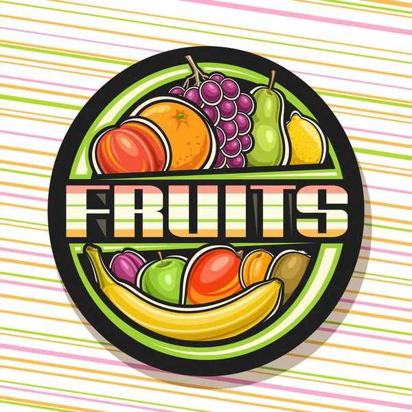 Logo Vettoriale Frutta Cartello Decorativo Nero Con Illustrazione Gruppo Pesca — Vettoriale Stock
