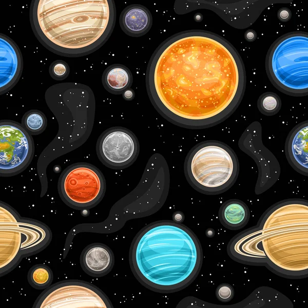 Vector Space Seamless Pattern Square Repeat Background Illustration Variety Planets — Stock Vector