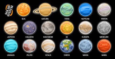 Vector Planet Set, lot collection of cut out illustrations solar system planets and cartoon satellites, set of different round celestial bodies surface with planet names text on black background clipart