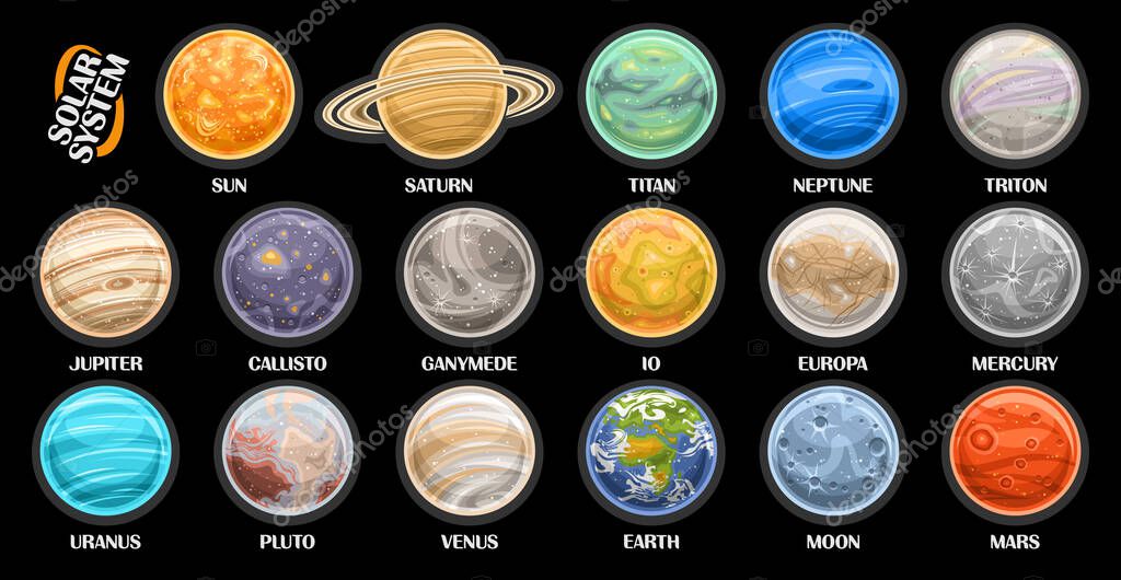 Vector Planet Set, lot collection of cut out illustrations solar system planets and cartoon satellites, set of different round celestial bodies surface with planet names text on black background