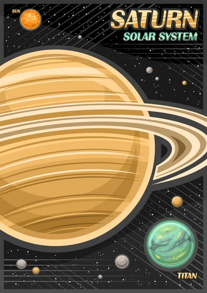 Векторный Плакат Сатурна Вертикальное Знамя Иллюстрацией Вращающихся Спутников Вокруг Мультяшной — стоковый вектор