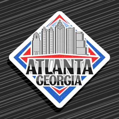 Atlanta için vektör logosu, beyaz eşkenar dörtgen yol tabelası gökyüzü arka planında ünlü Atlanta şehrinin çizgi çizimi, dekoratif buzdolabı mıknatısı ve siyah metin Atlanta Georgia