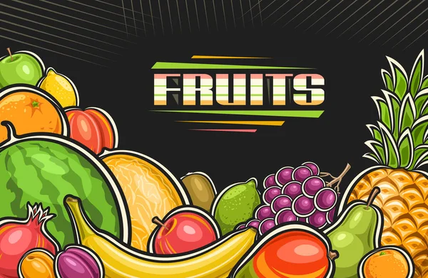 コピースペース付き果物のベクトルイラスト 暗い背景にカラフルなテキストフルーツのためのユニークなブラシのレタリングとグループ別の農家の果物のイラストと装飾的な水平ポスター — ストックベクタ
