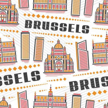 Vektör Brüksel Kusursuz Desen, beyaz kaplama kağıdı, dekoratif çizgi sanat kentsel poster ve siyah metin brussels ile ünlü Brüksel şehir manzarası resimleriyle arka planı tekrarla
