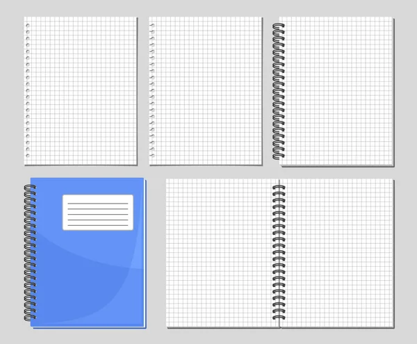 矢量螺旋记事本集 收集5个不同空白笔记本平方页的剪裁图解 一组灰色背景的打开和关闭的活页夹纸笔记本 — 图库矢量图片